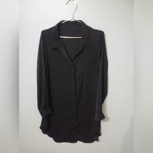 Soft Satin Black Button-Up Oversized Shirt With Belt Loops!